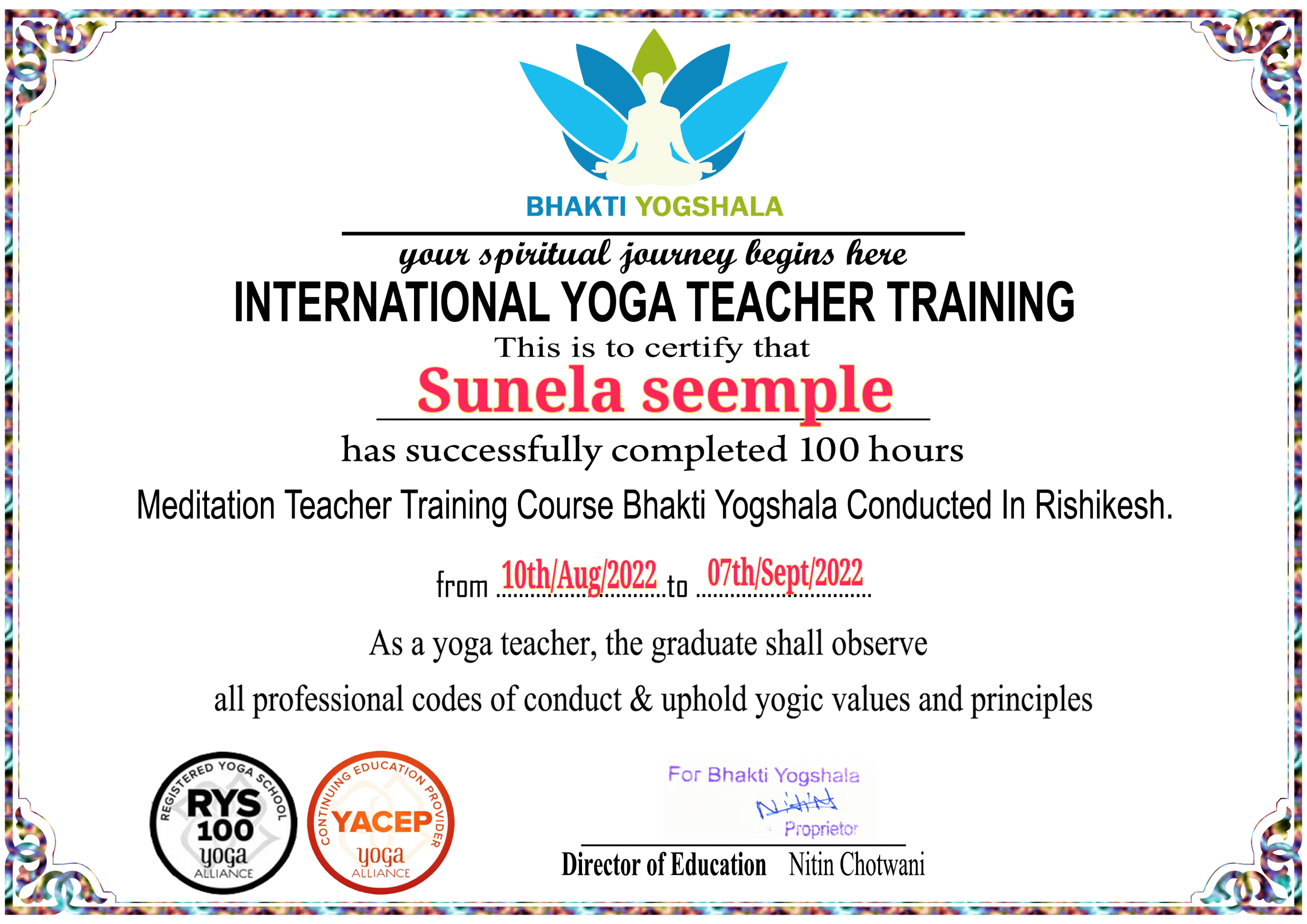 Meditation Teacher Training Certificate – 100 Stunden