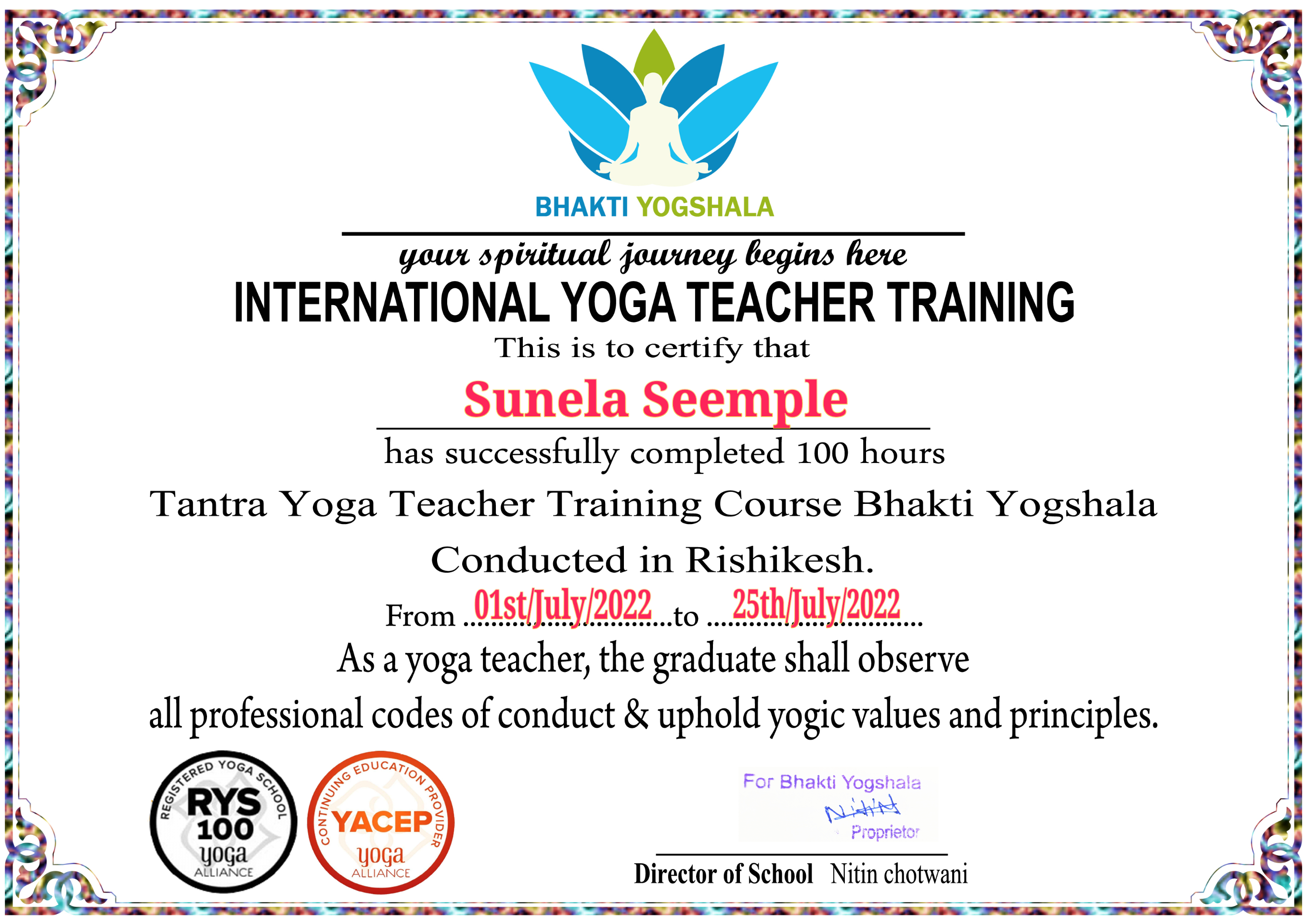 Tantra Yoga Teacher Training Certificate – 100 Stunden